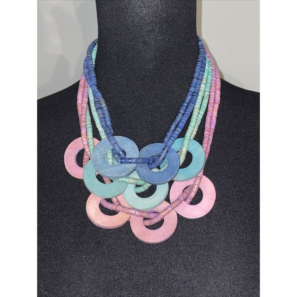 Vintage multi strand multi color purple green & blue wood beaded necklace Circle - Picture 3 of 15